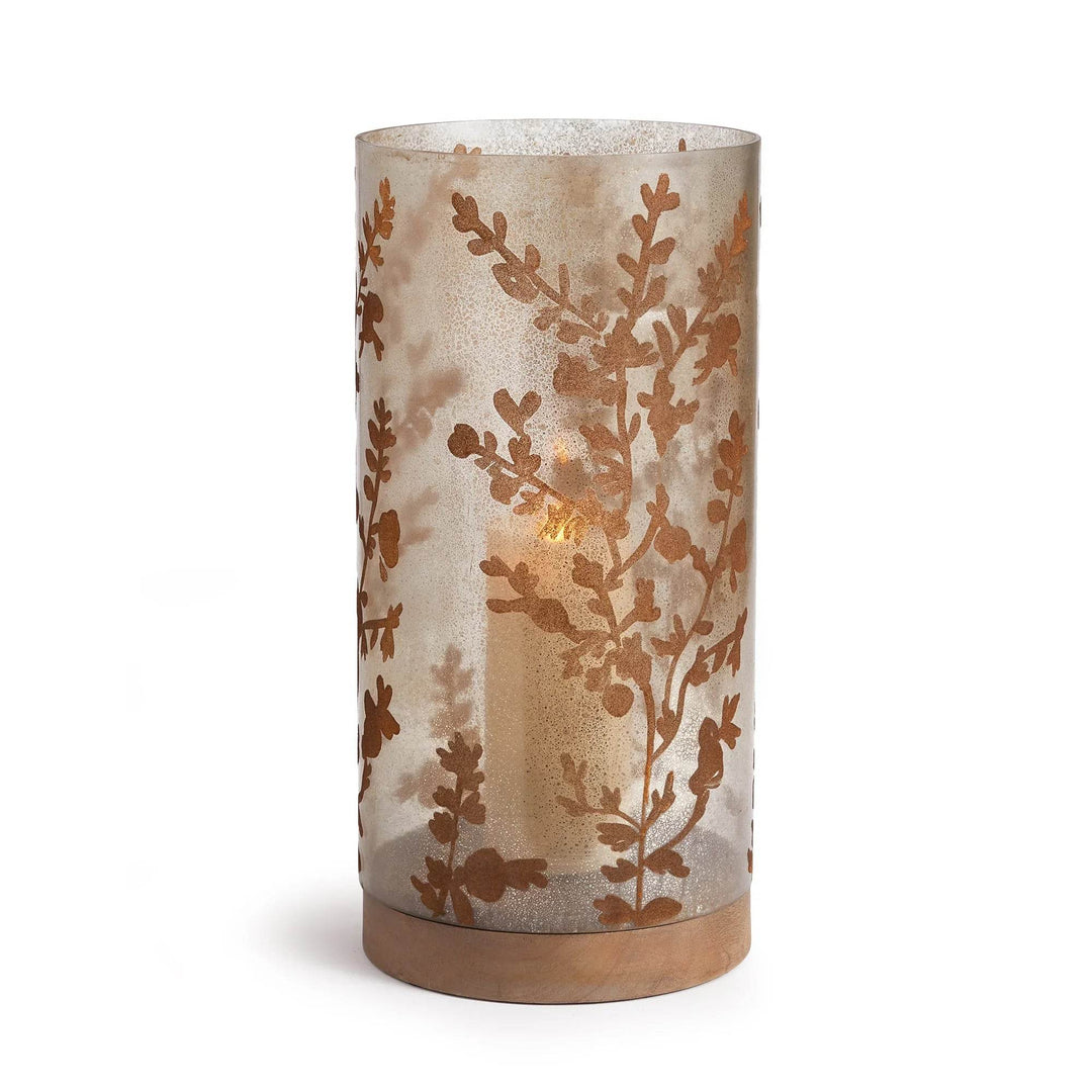 Smoky glass hurricane candle holder with etched vine motif and wood base, shown in front view – Modern Natural style
