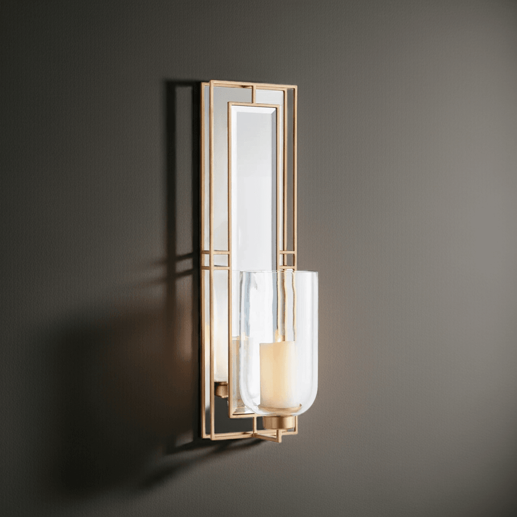 Gold wall sconce with glass hurricane and mirrored back panel, 28 inch tall, shown lit with LED candle for warm ambient glow – Transitional décor.