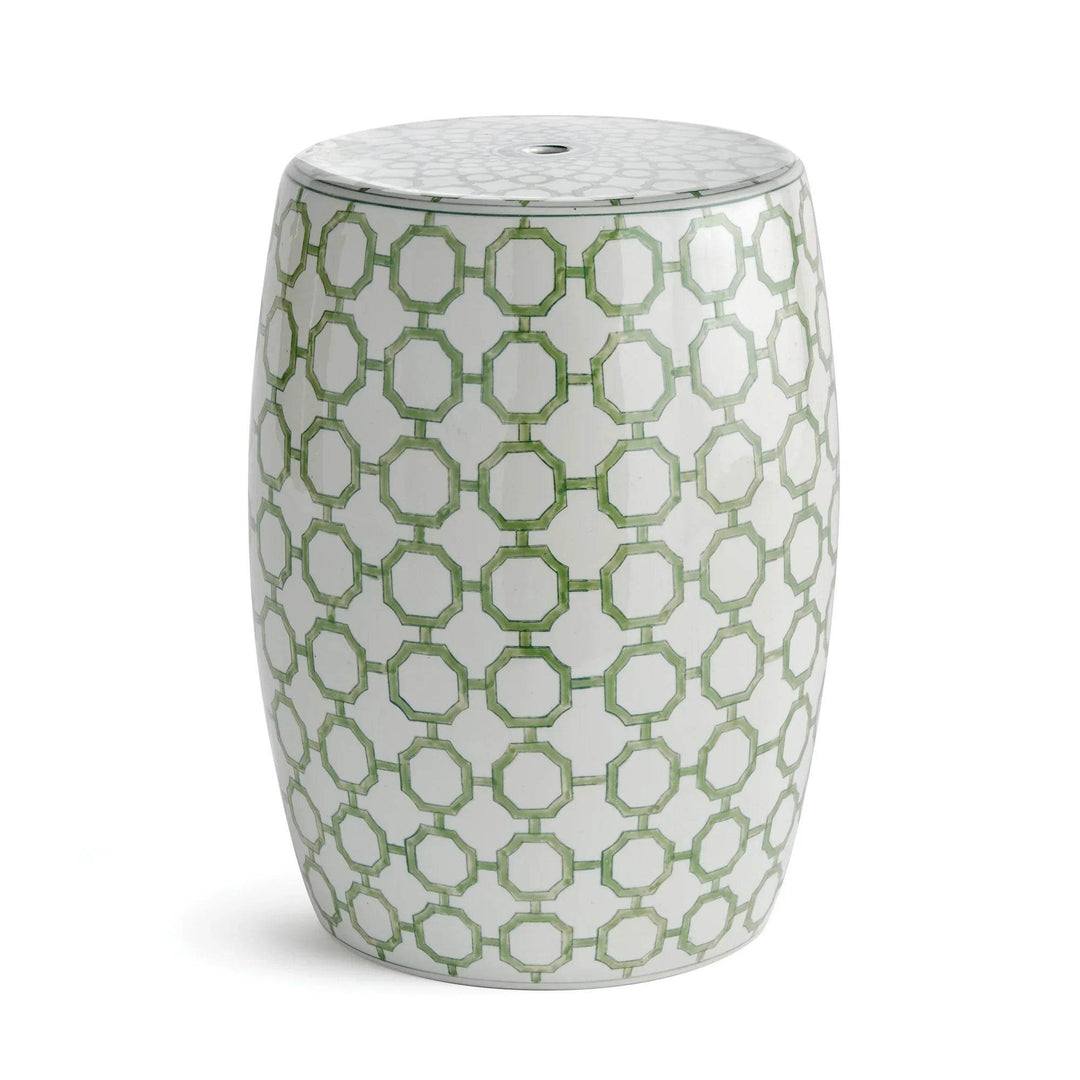 Green and white chinoiserie porcelain stool with classic ring design - front view, used as indoor accent.