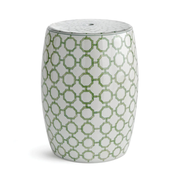 Green and white chinoiserie porcelain stool with classic ring design - front view, used as indoor accent.