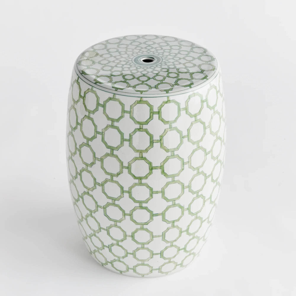 Angled top view of green and white porcelain chinoiserie stool showing traditional pierced top.