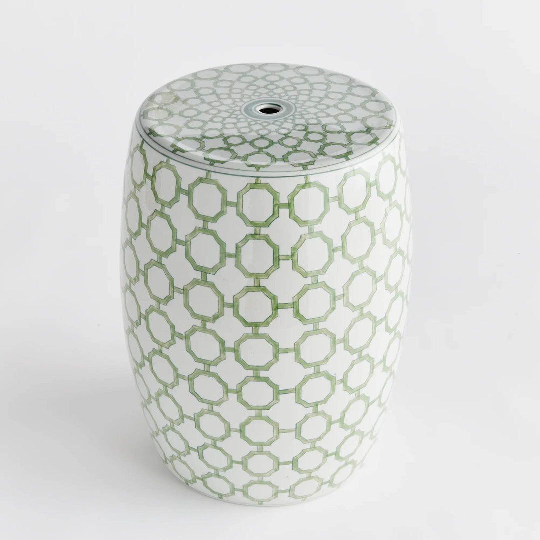 Angled top view of green and white porcelain chinoiserie stool showing traditional pierced top.
