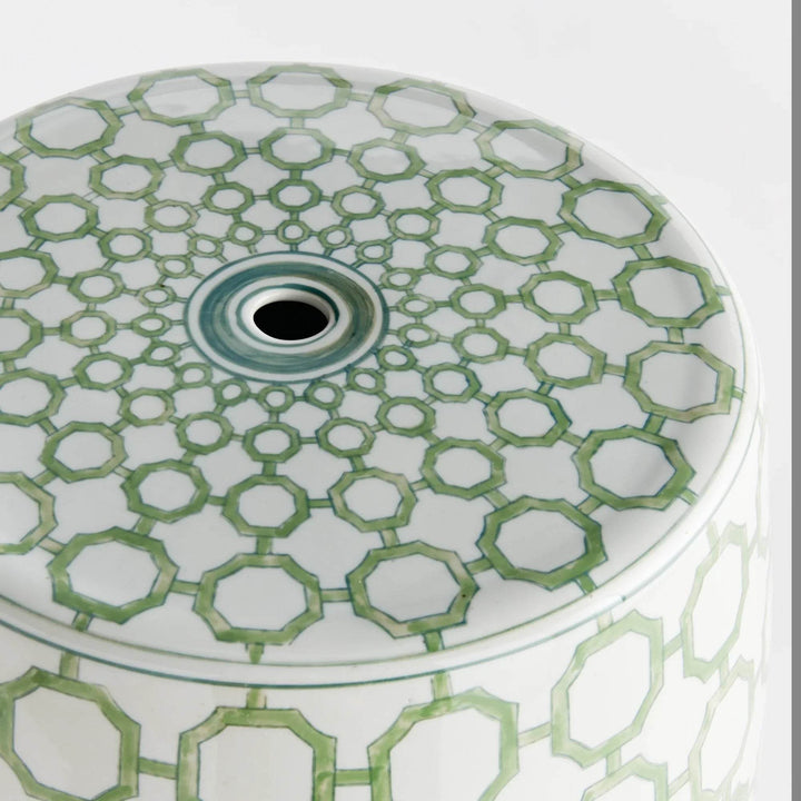 Detailed view of hand-painted top on green chinoiserie porcelain stool with pierced decoration.