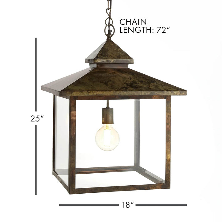 Heritage Rustic outdoor lantern with size labels, chain length, and patinated metal finish in side view.