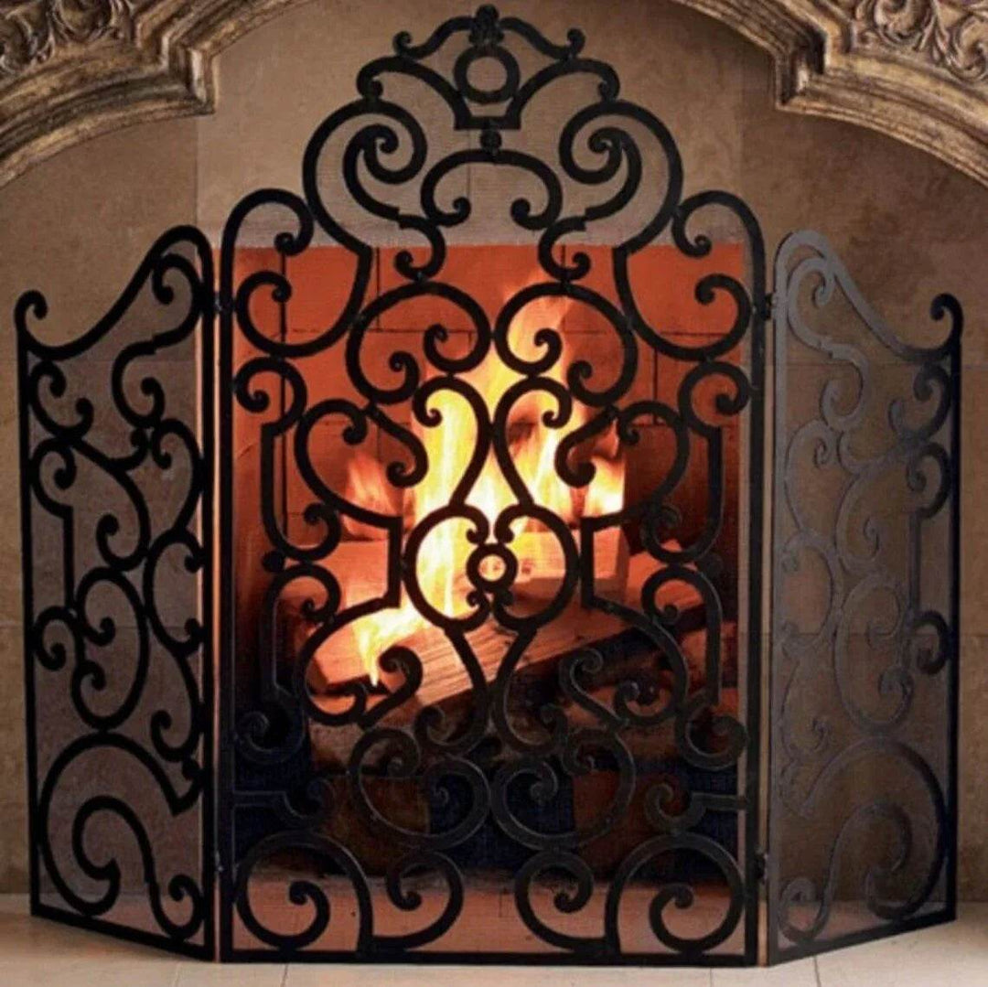3-Panel Iron Fireplace screen with Stained Antique Brown Scroll Design