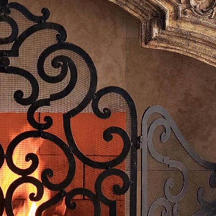 3-Panel Iron Fireplace screen with Stained Antique Brown Scroll Design