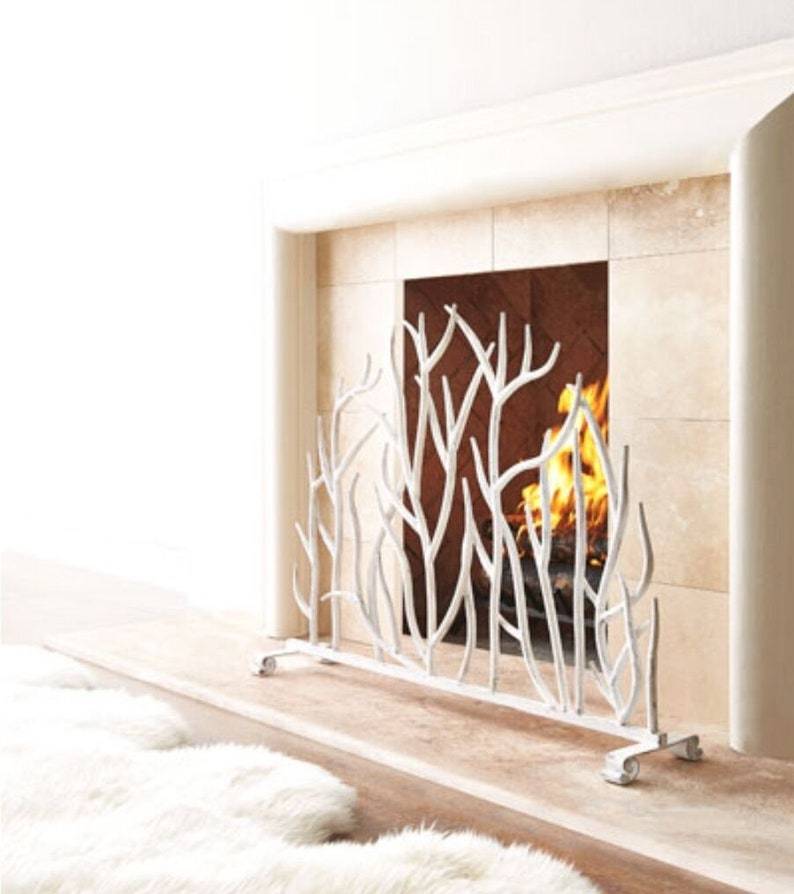 Single Panel Fireplace Screen in Antique White Iron Twig Design