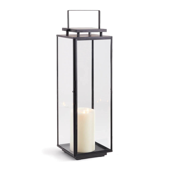 Large black stainless steel outdoor lantern with glass panels, designed for pillar candles, standing 30 inches tall – Transitional