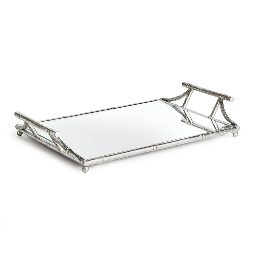 Antique silver mirrored tray with handles, 20 inches long, shown at an angle, modern classic decor for coffee tables