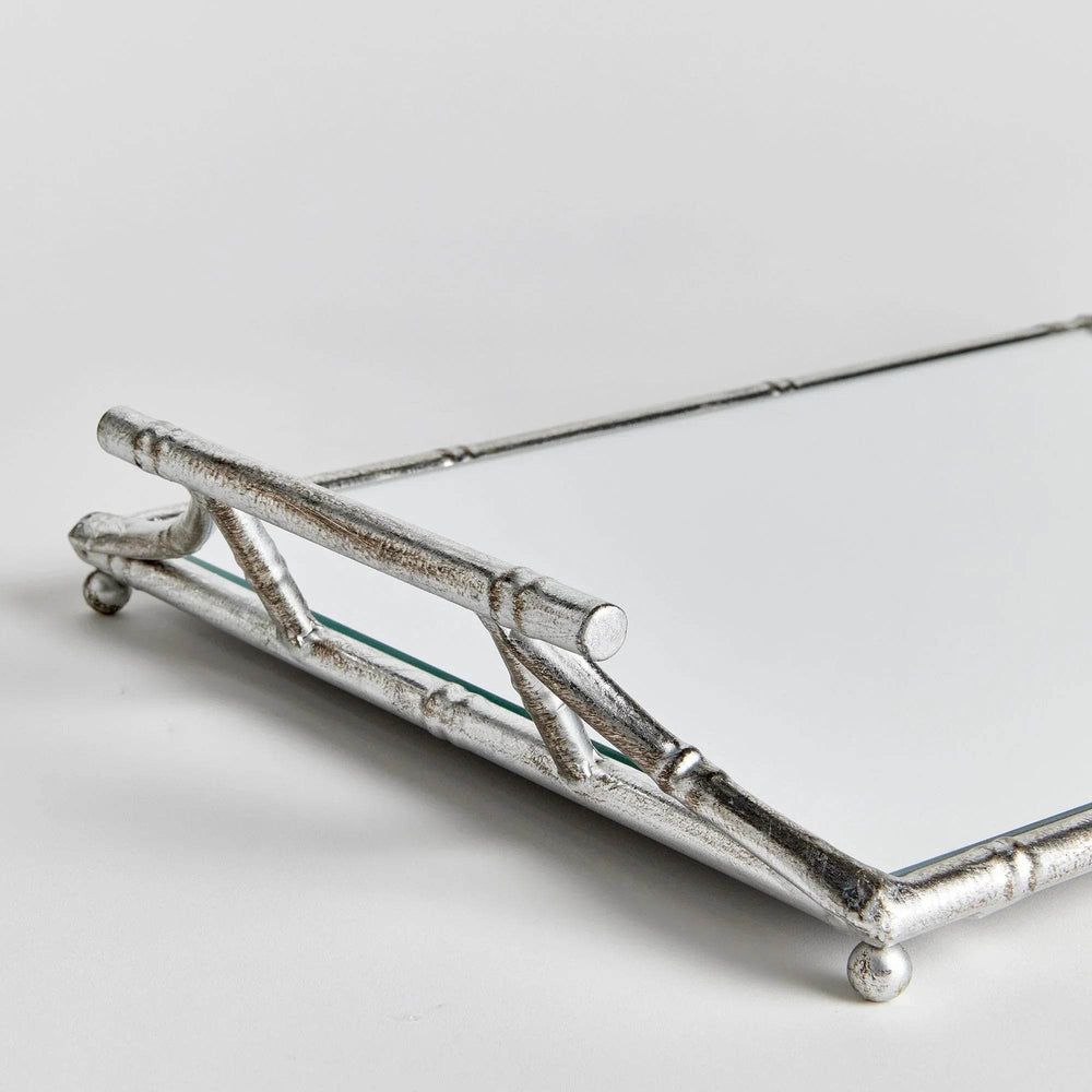Side view of antique silver mirrored tray with handles, reflective glass surface, modern classic styling
