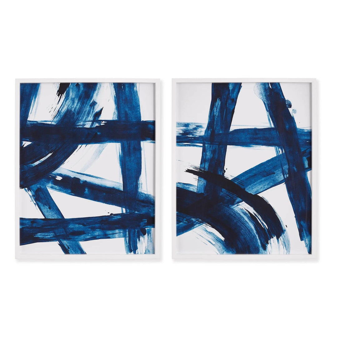 Front view of modern abstract blue wall art prints – set of 2 with bold brush strokes