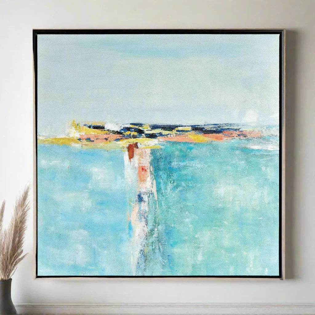 Closeup detail of modern coastal wall art canvas, showing texture and abstract color blending in seafoam blue and coral.