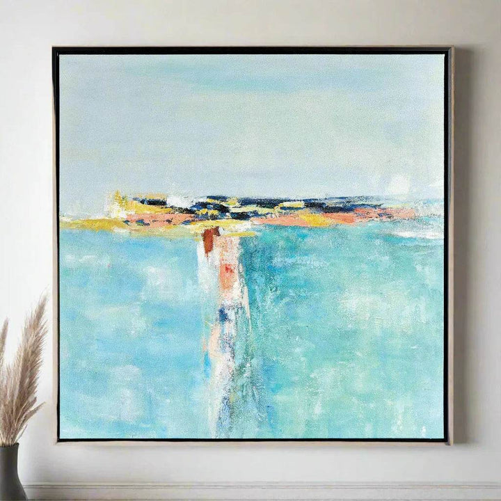 Closeup detail of modern coastal wall art canvas, showing texture and abstract color blending in seafoam blue and coral.