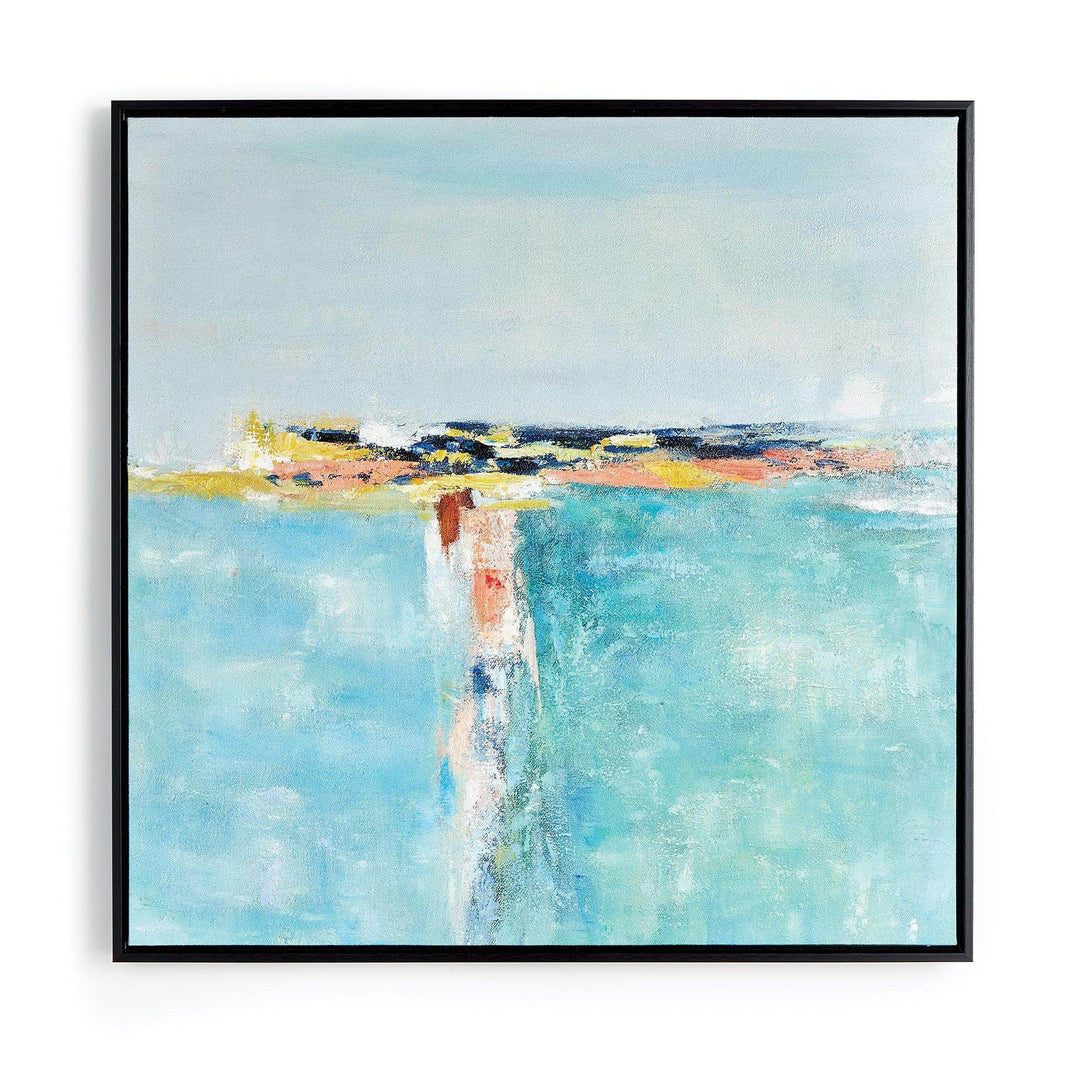 Modern coastal wall art canvas front view with abstract brushstrokes in blue, yellow, and coral tones, black wood frame included.