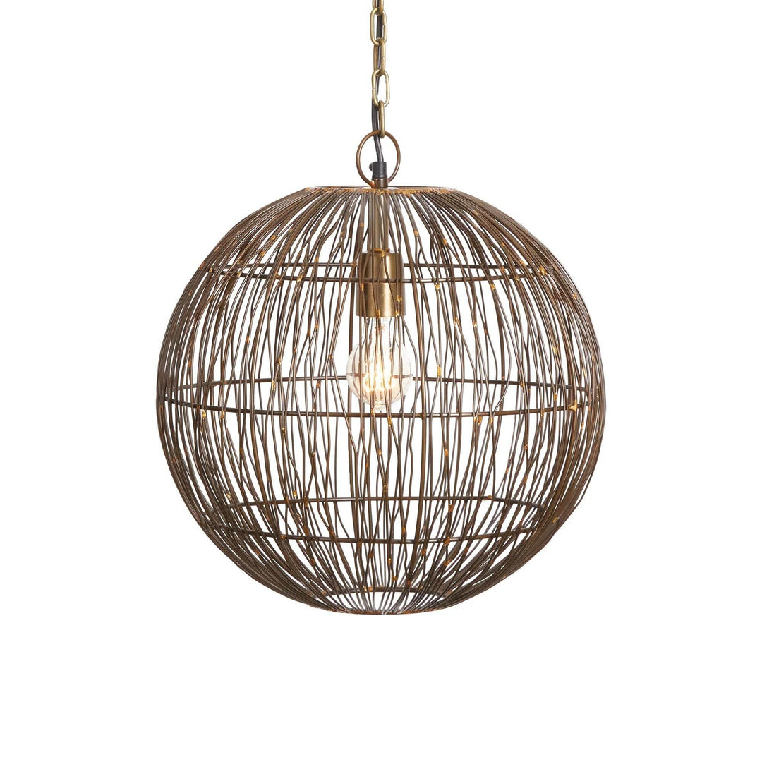 Full view of modern industrial iron wire pendant light with bronze gold finish on white.