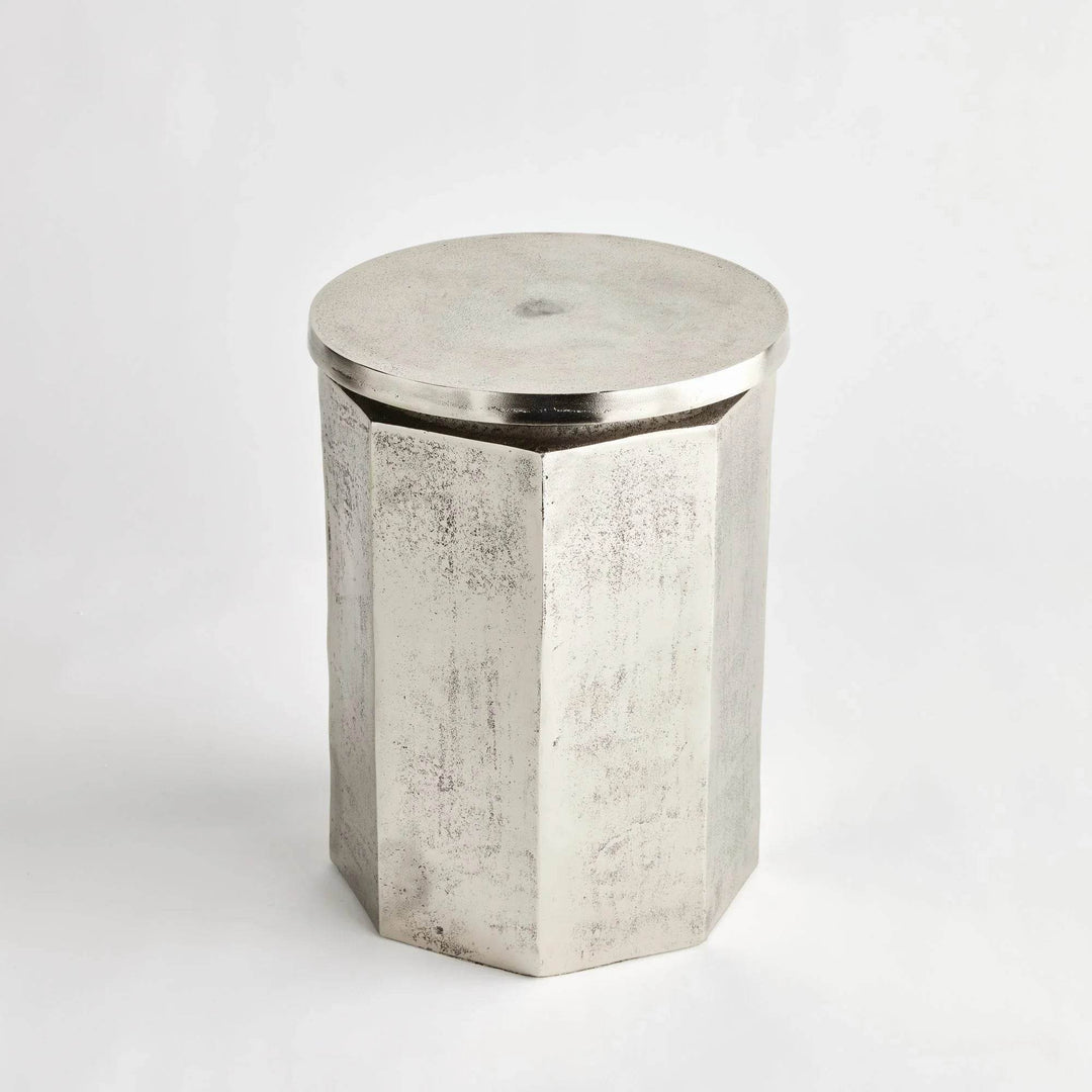 Front view of silver industrial accent stool with hexagonal base and brushed metal finish