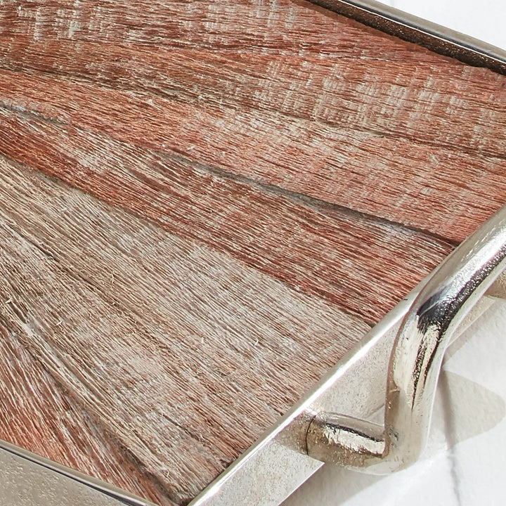 Close-up of natural reclaimed wood grain and warm nickel edging on tray, highlighting texture and craftsmanship – Modern Rustic