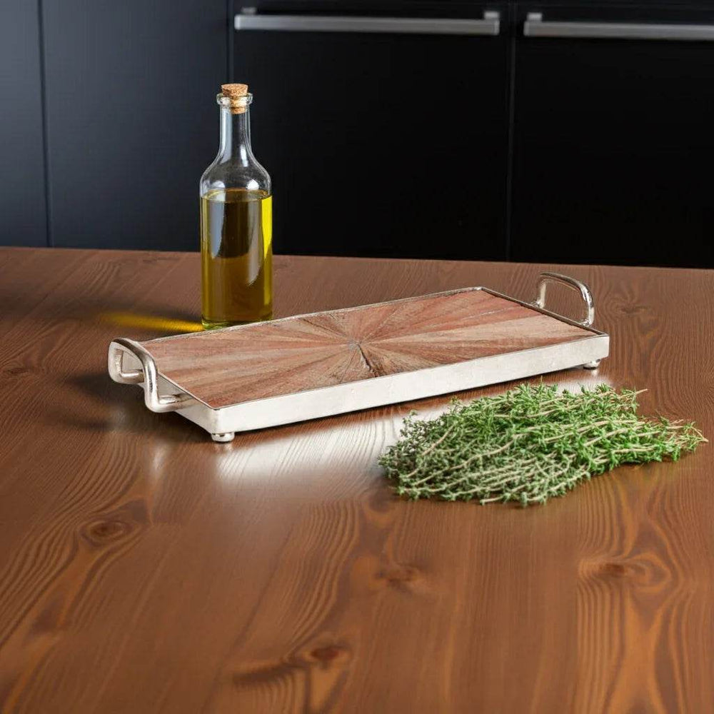 Reclaimed wood tray with nickel frame styled on wood surface beside olive oil bottle and herbs – Modern Rustic