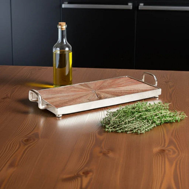 Reclaimed wood tray with nickel frame styled on wood surface beside olive oil bottle and herbs – Modern Rustic