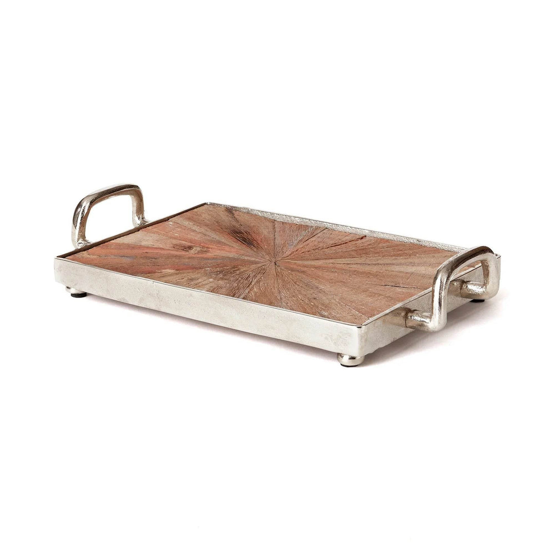 Small rectangular tray crafted from reclaimed wood with radial grain and nickel frame, shown on white background – Modern Rustic