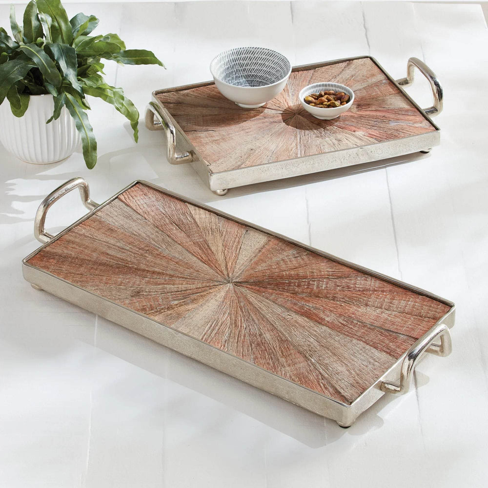 Small wood and metal tray styled beside larger tray on white tabletop with bowls and greenery – Modern Rustic