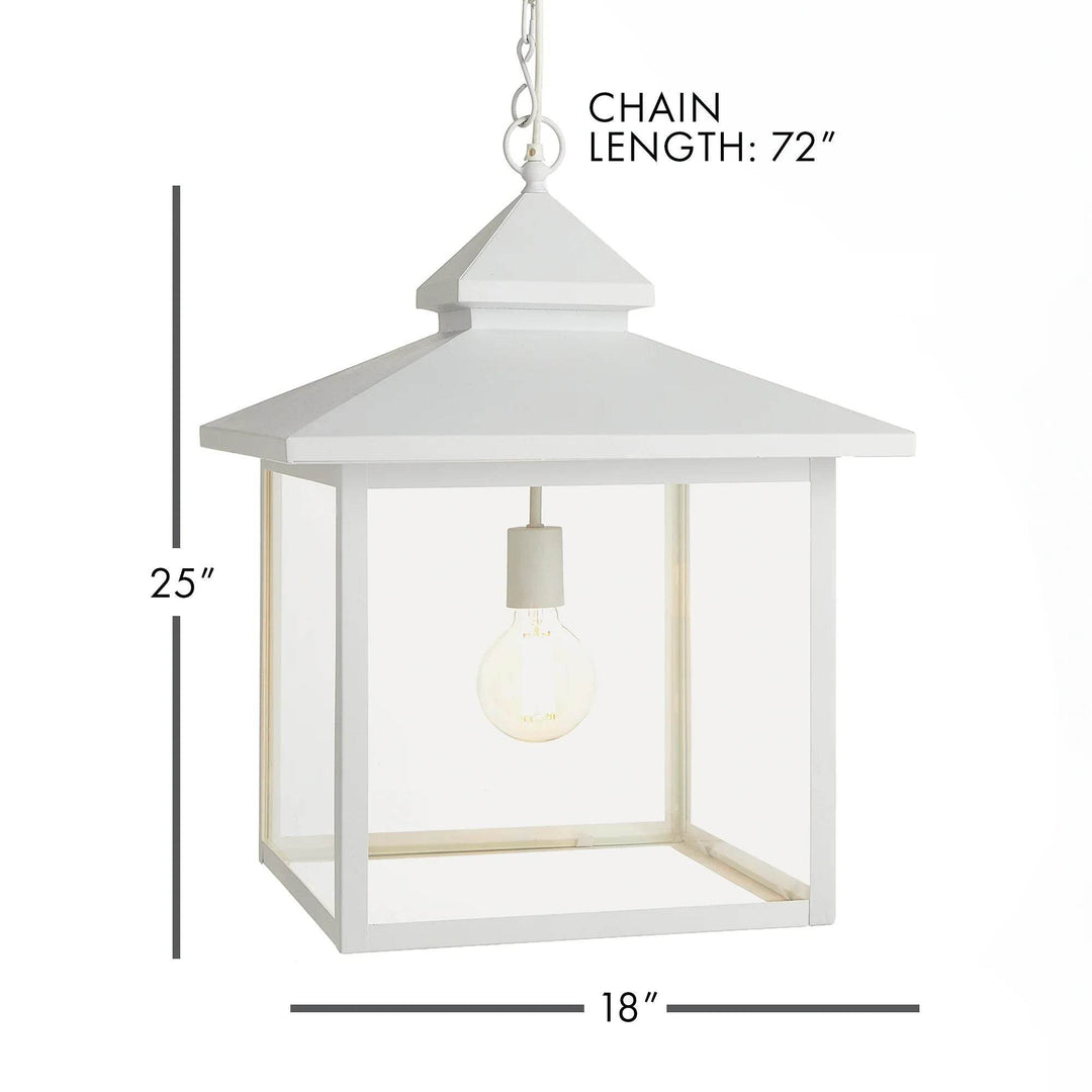 Pendant light with 18-inch width, 25-inch height and 72-inch chain in refined farmhouse style.