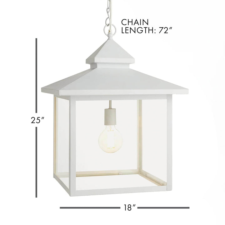 Pendant light with 18-inch width, 25-inch height and 72-inch chain in refined farmhouse style.