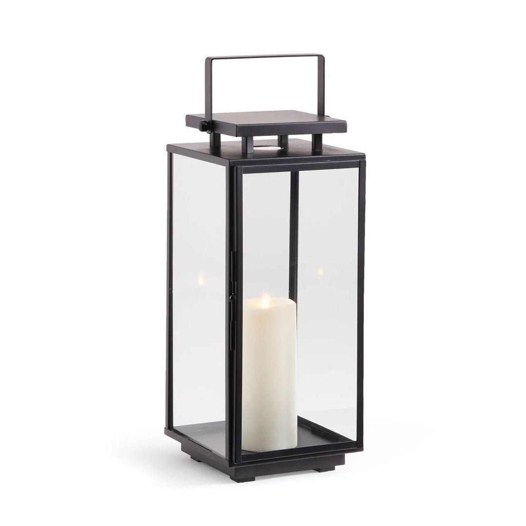 Studio view of small black stainless steel outdoor lantern with clear glass panels, 19 inch height for candlelight – Transitional