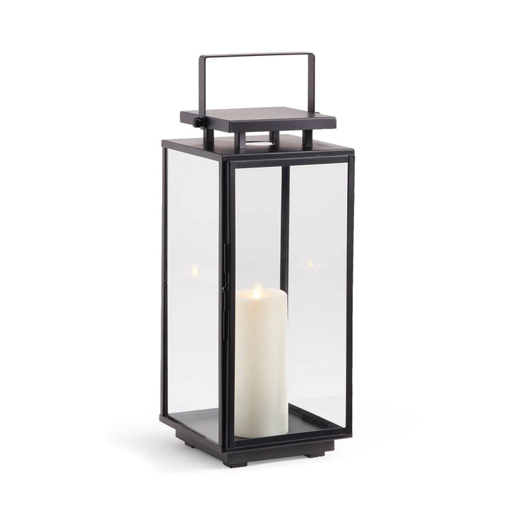 Studio view of small black stainless steel outdoor lantern with clear glass panels, 19 inch height for candlelight – Transitional