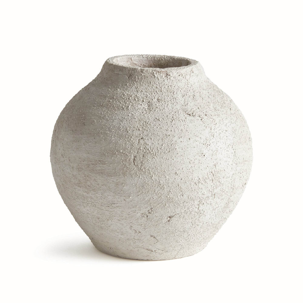 Front silo of small gray terracotta vase showing rounded orb silhouette with narrow neck and textured surface – Transitional