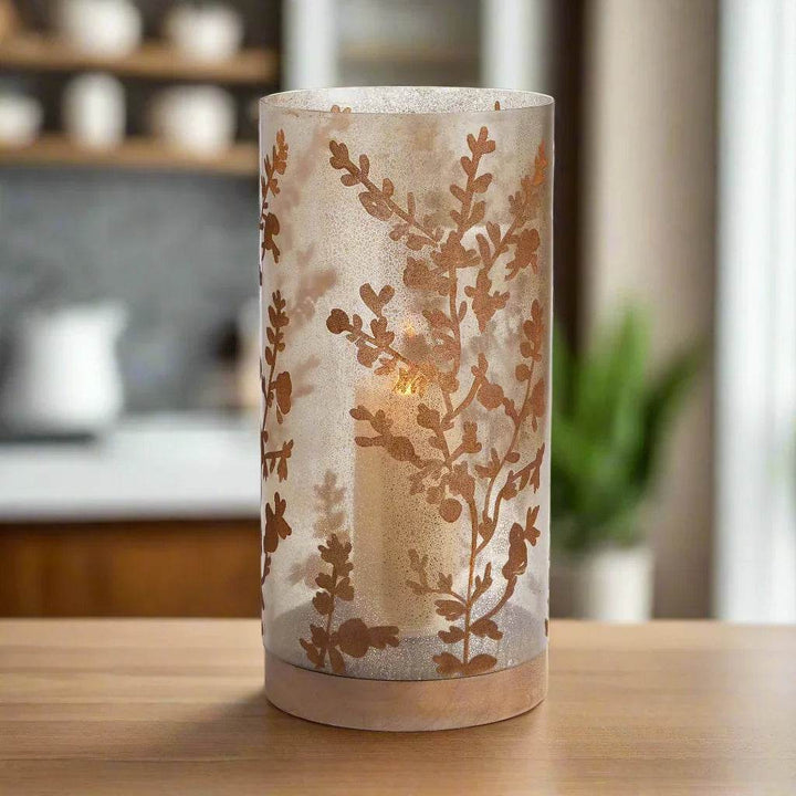 19-inch tall glass candle holder with antique vine pattern and turned gray wood base – Modern Natural style