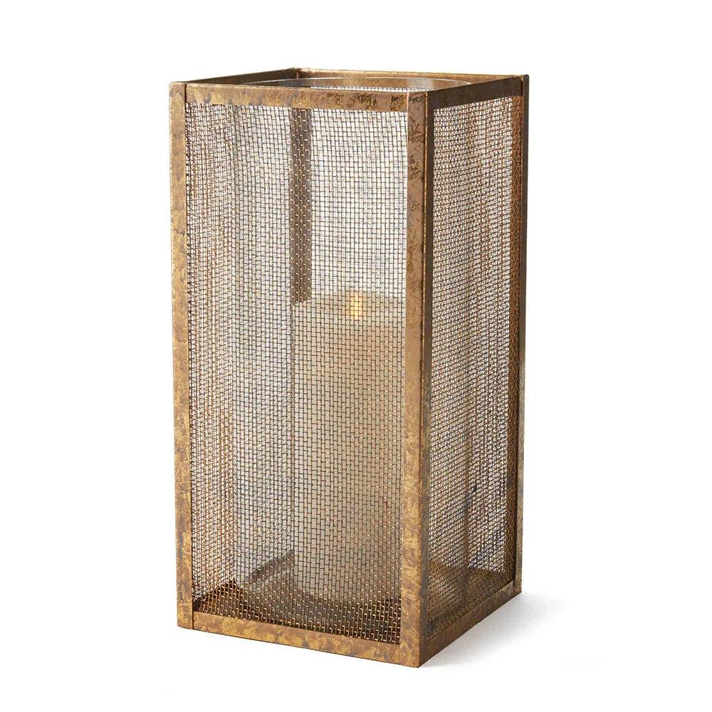Tall gold mesh hurricane candle holder with glass insert, 15 inch antique gold lantern for LED candles or floral styling.