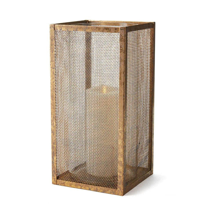 Tall gold mesh hurricane candle holder with glass insert, 15 inch antique gold lantern for LED candles or floral styling.