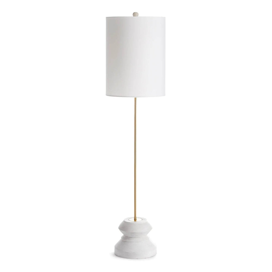 Studio image of tall whitewashed wood table lamp with iron stem and white linen shade