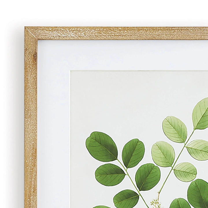 Close-up of rustic wood frame and green botanical art, vintage cottage style wall print