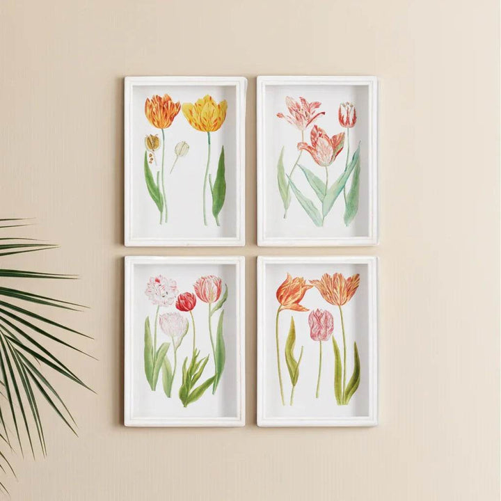 Set of tulip prints mounted in grid pattern on warm wall with palm frond and soft natural lighting – Cottage Garden