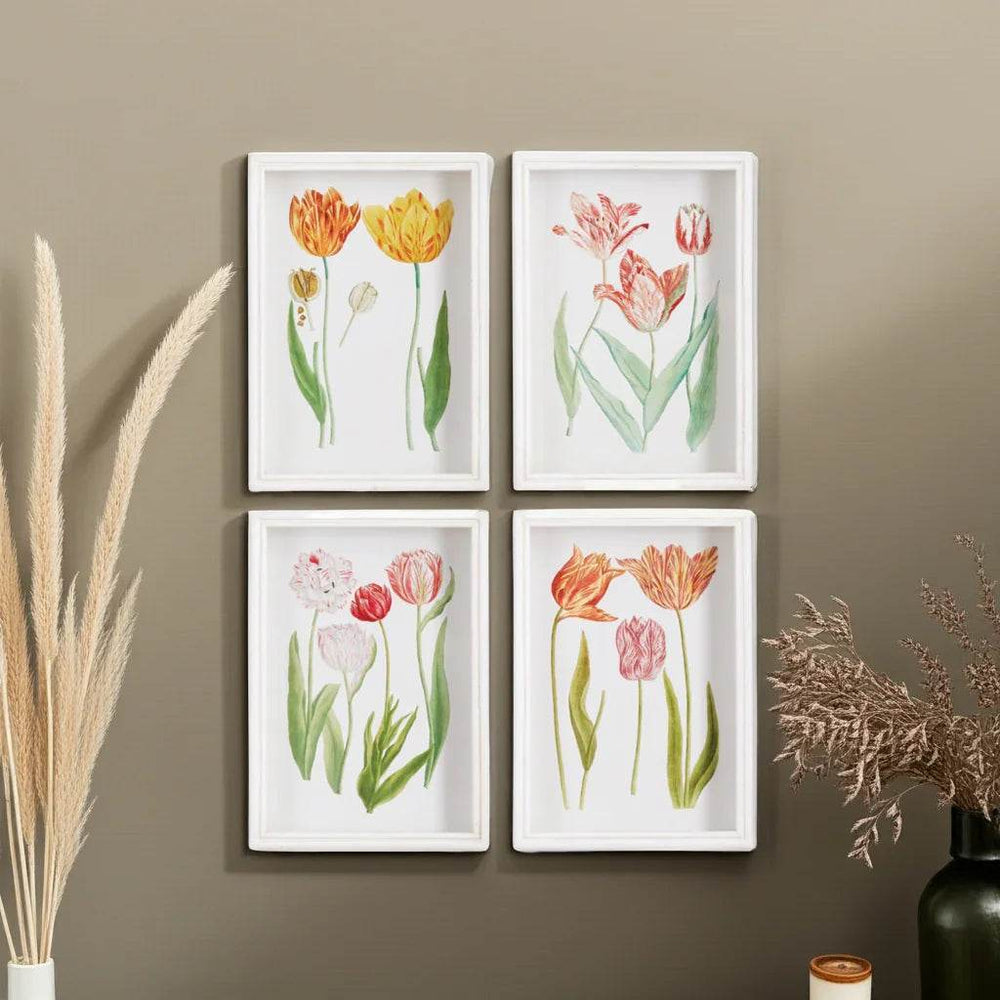 Framed tulip wall prints on taupe wall with pampas grass and ceramic accents, styled for cozy interiors – Cottage Garden