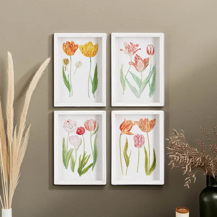 Framed tulip wall prints on taupe wall with pampas grass and ceramic accents, styled for cozy interiors – Cottage Garden