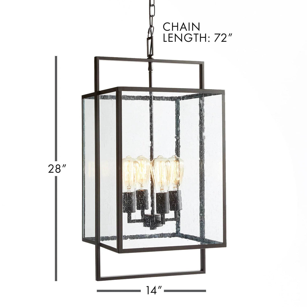 Urban Loft pendant light with 28-inch height and 72-inch chain, featuring clear seeded glass and bronze finish for modern interiors.