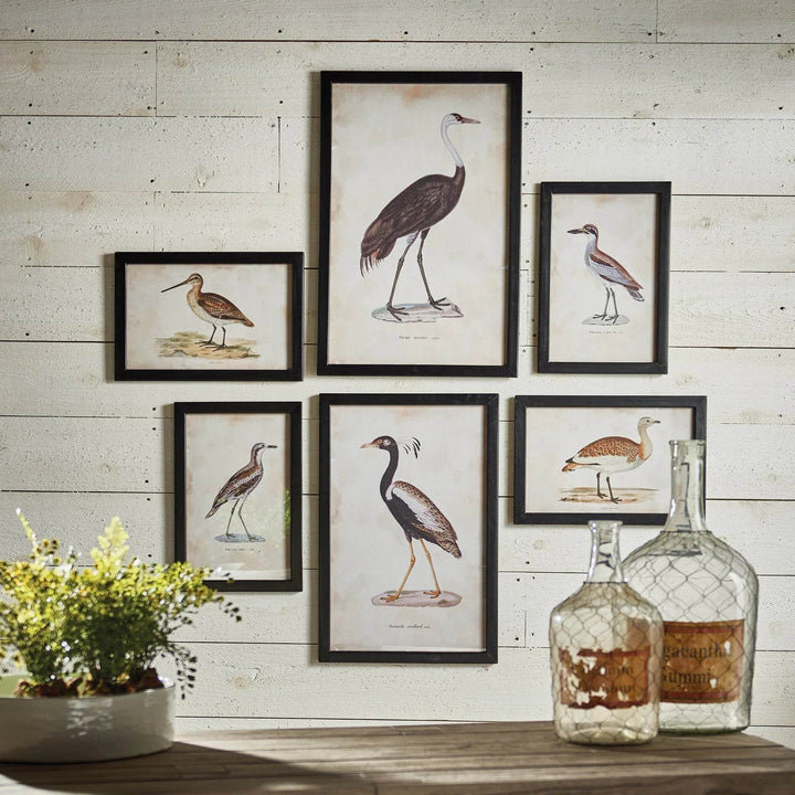 Lifestyle image of vintage bird wall art arranged above a rustic table with greenery and glass bottles.