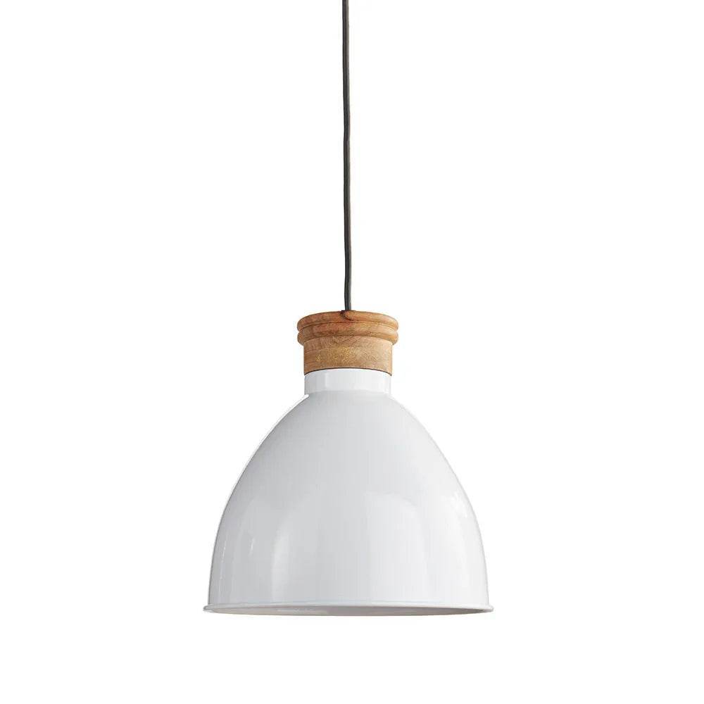 White iron pendant light with natural wood accent and canopy, shown front view, ideal for kitchen or hallway lighting.