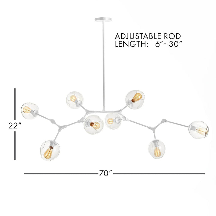 Dimensional diagram of white mid-century chandelier showing 70" width, 22" height, and adjustable rod length.