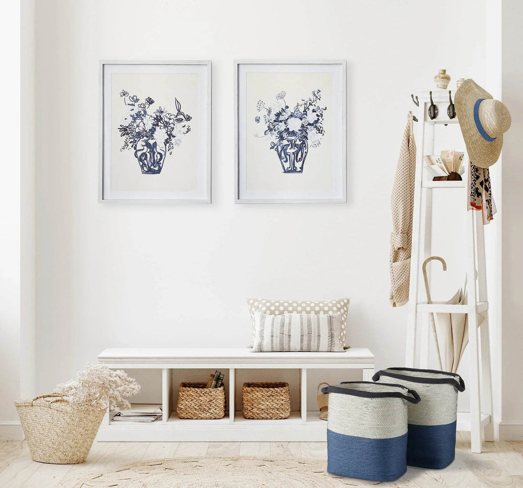 Blue and white woven baskets placed in bright entryway for organized coastal storage – Modern Coastal.