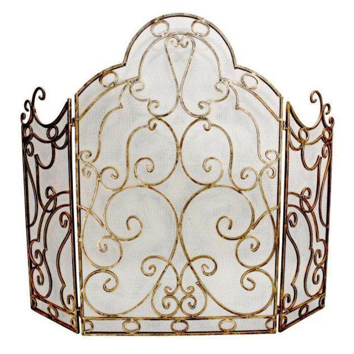 3-Panel Fireplace Screen in Burnished Gold with Scroll Design