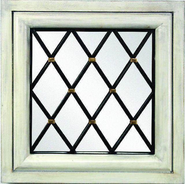 Distressed White Wood Mirror Square with Metal Accents