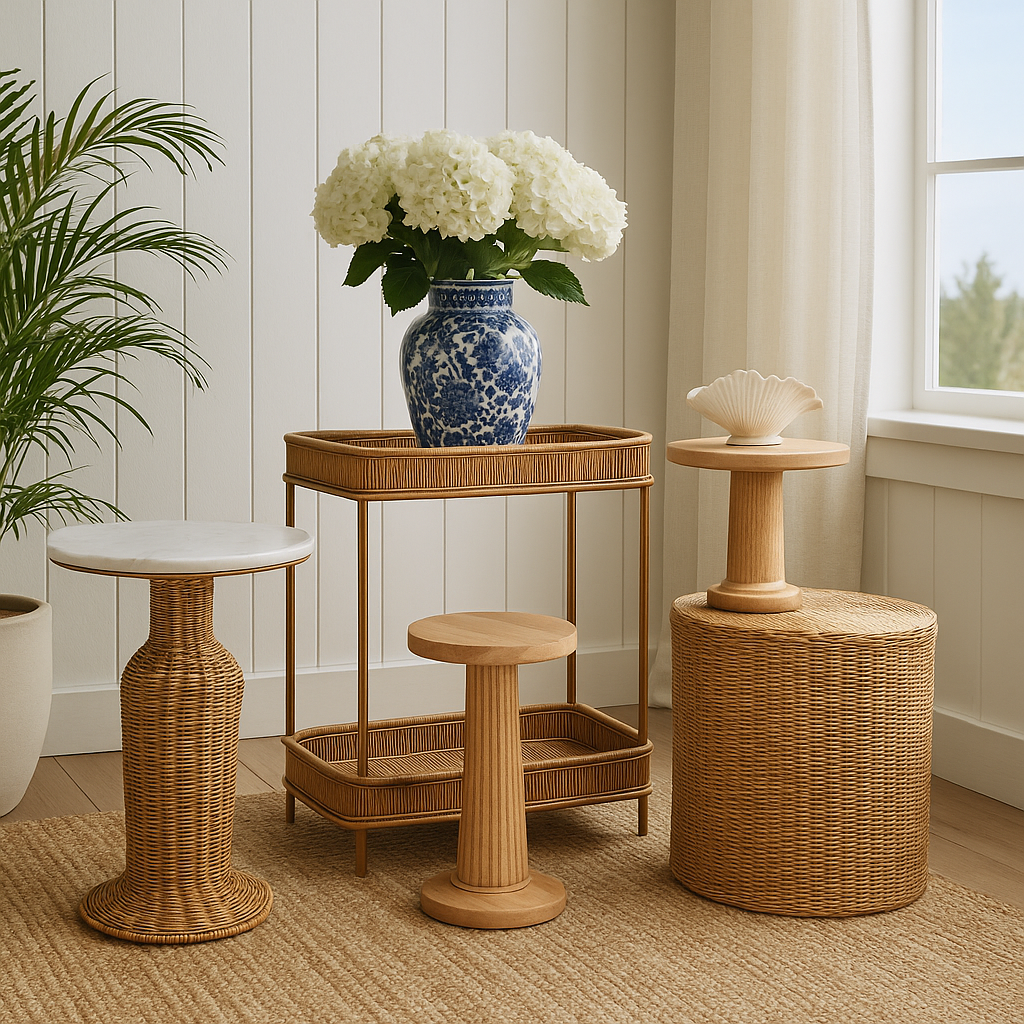 Collection of sculptural side and accent tables in rattan, marble, and metal styled in a coastal interior with natural light.