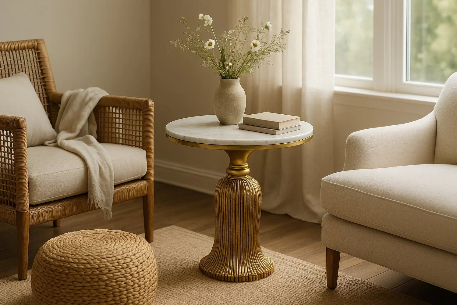 Elegant side table with gold fluted base and marble top, styled in a coastal modern living room with woven and upholstered accent chairs.