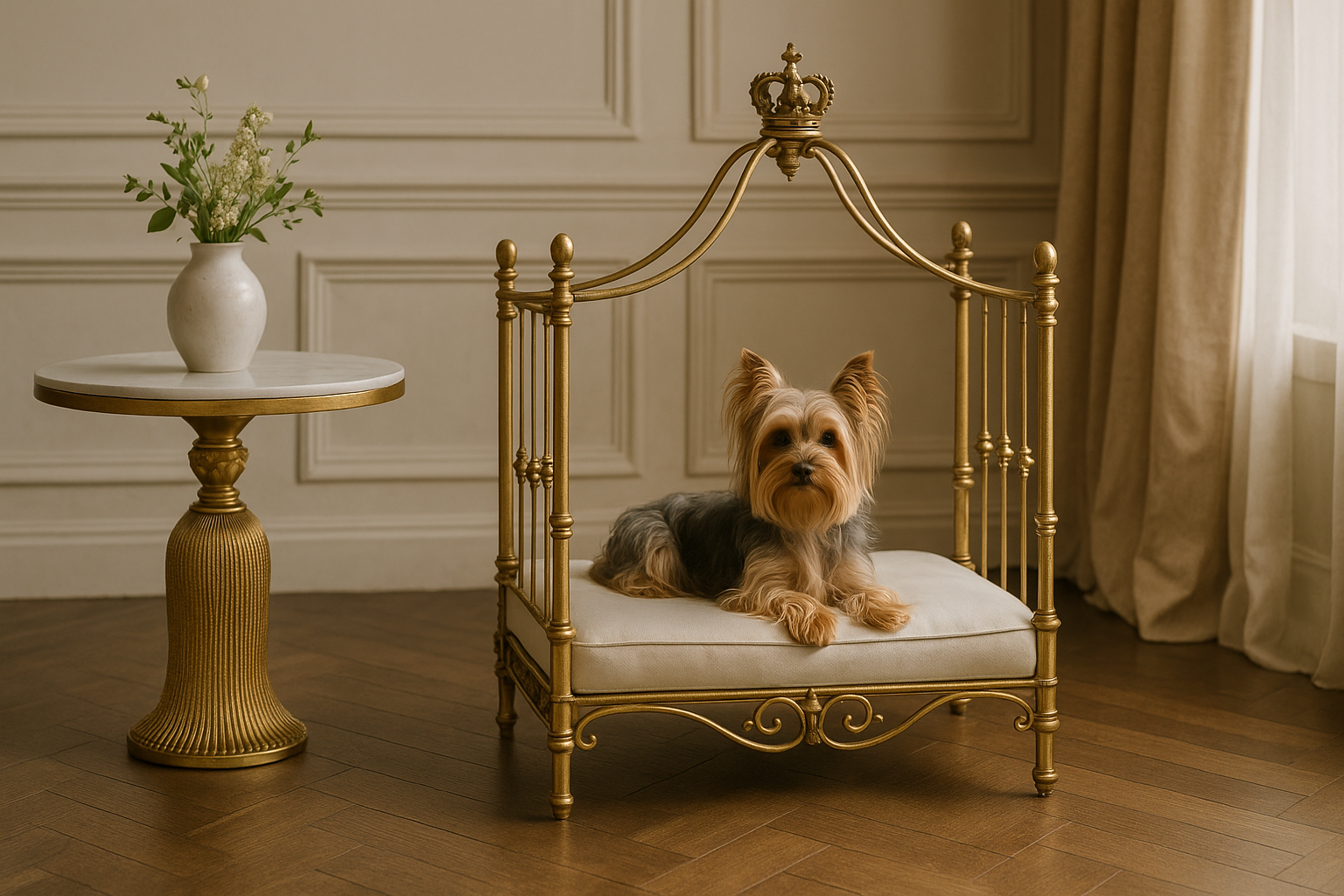 Yorkshire Terrier resting on an ornate antique gold dog bed with crown detail in an elegant, sunlit interior.