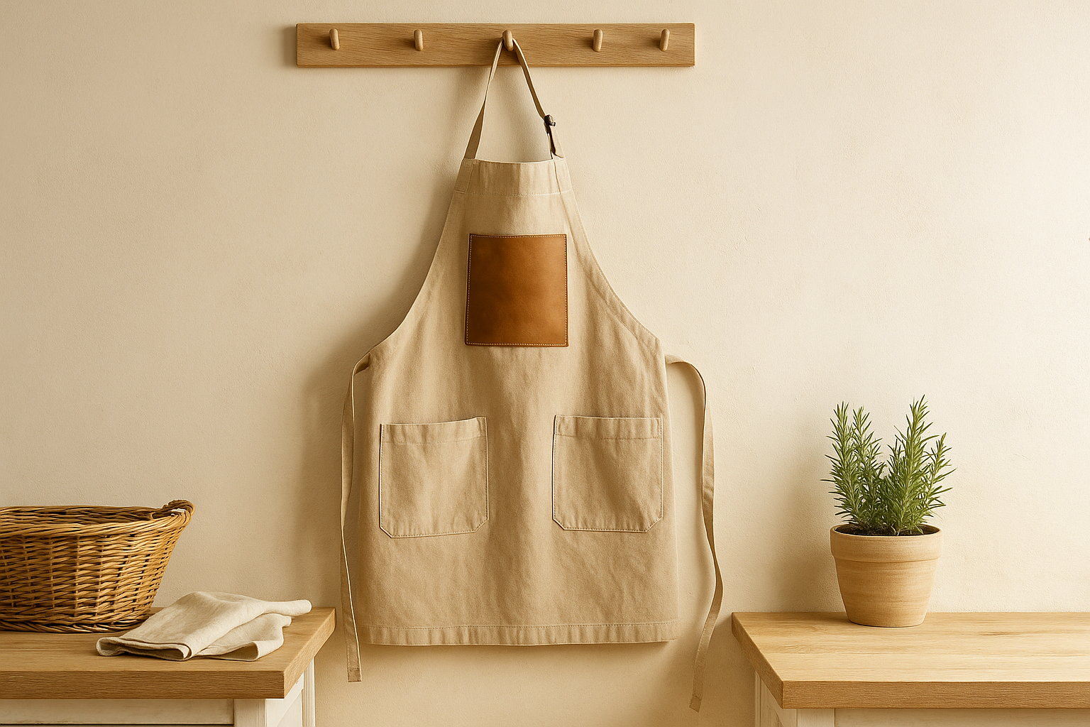 Coastal kitchen and workshop setting featuring a durable canvas apron hanging on a natural wood peg rail with soft daylight and rustic details