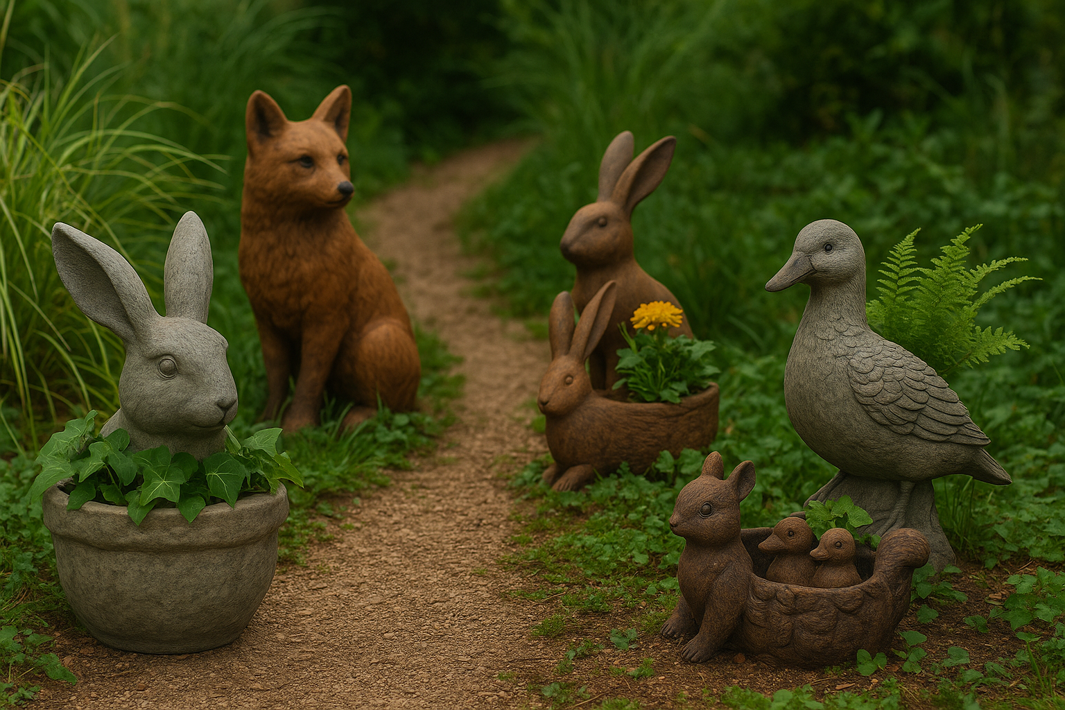 Sculptural animal garden planters including a rabbit, fox, bird, and squirrel displayed on a gravel path in a lush outdoor setting.